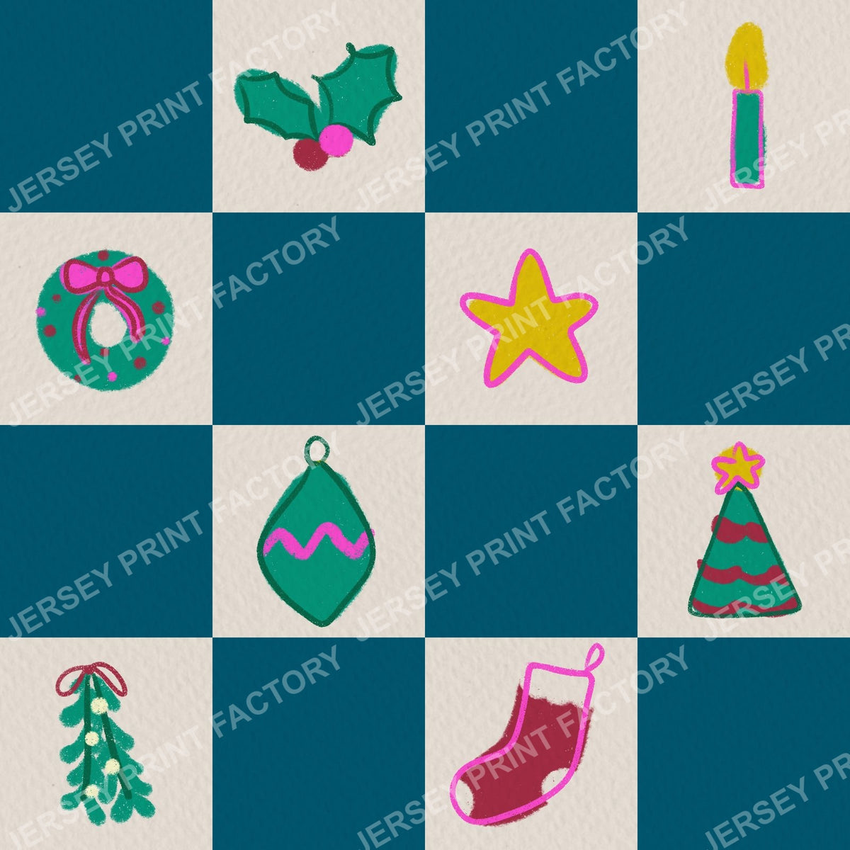 Christmas Checkerboard with Festive Doodles in Teal