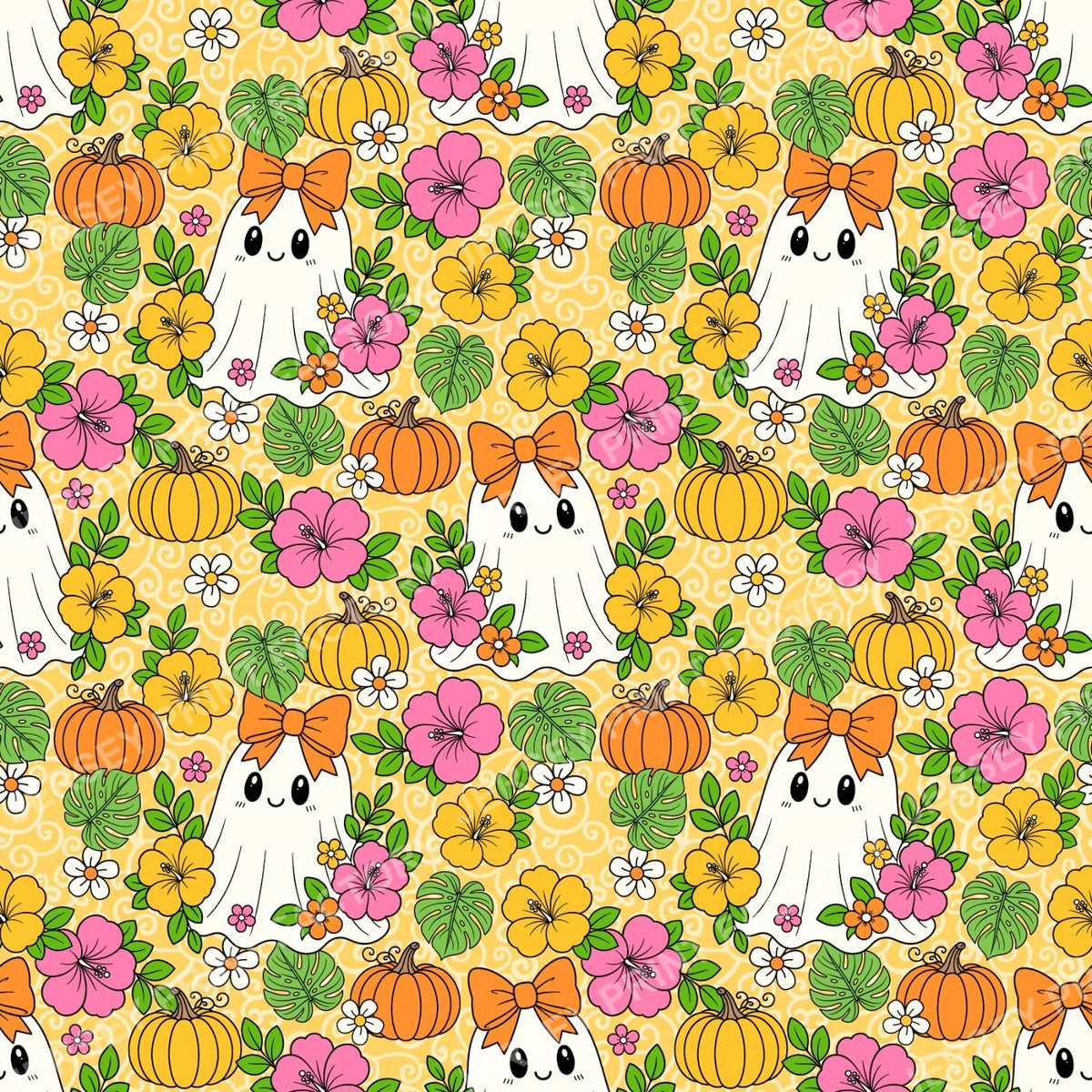 Halloween Girly Ghosts With Tropical Flowers On Yellow