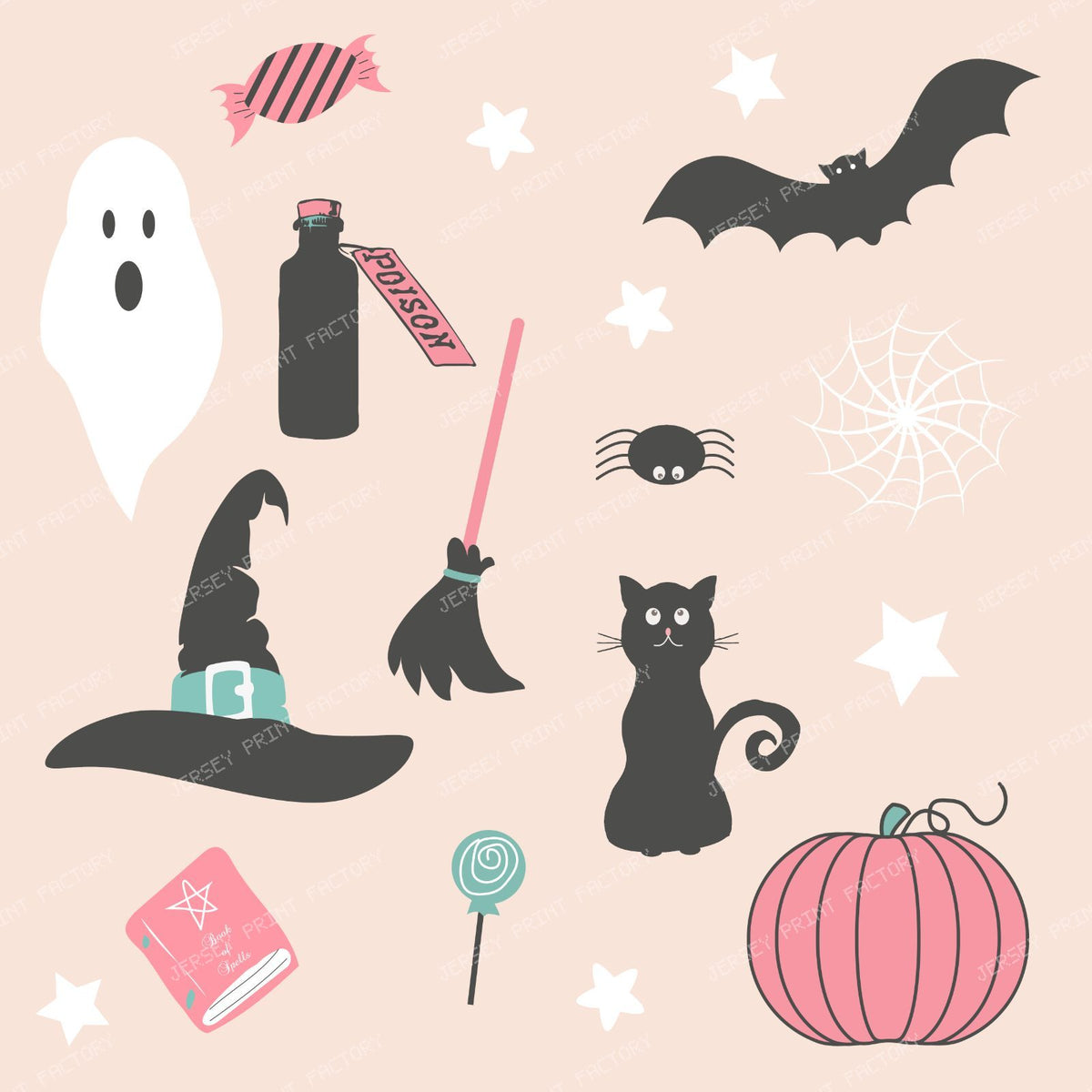 Halloween, Ghost, Black Cat, Witch Hat, Broom, Poison, Stars