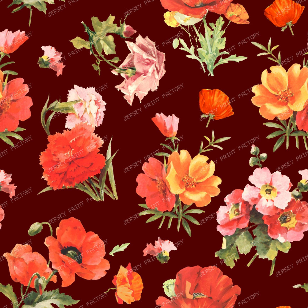Small Red Poppy Flowers Bold Vibrant Floral Pattern on Dark Maroon