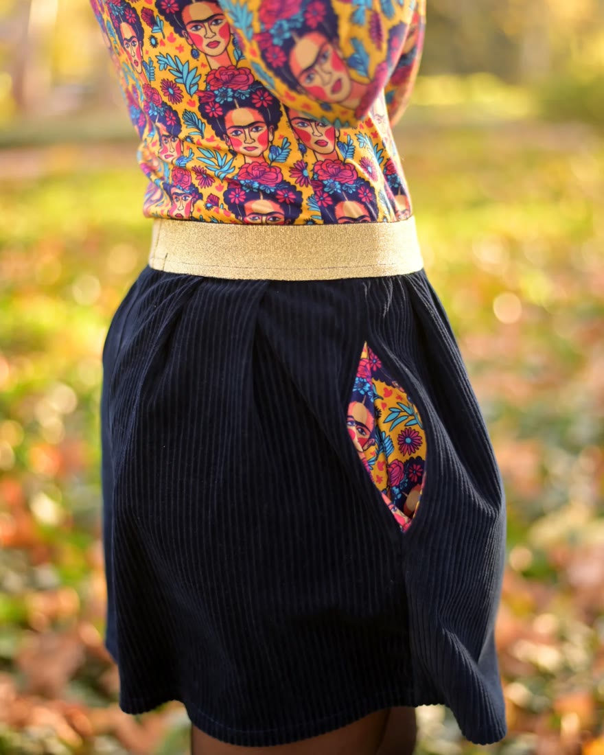 A gathered skirt with pockets, worn with a top in printed jersey