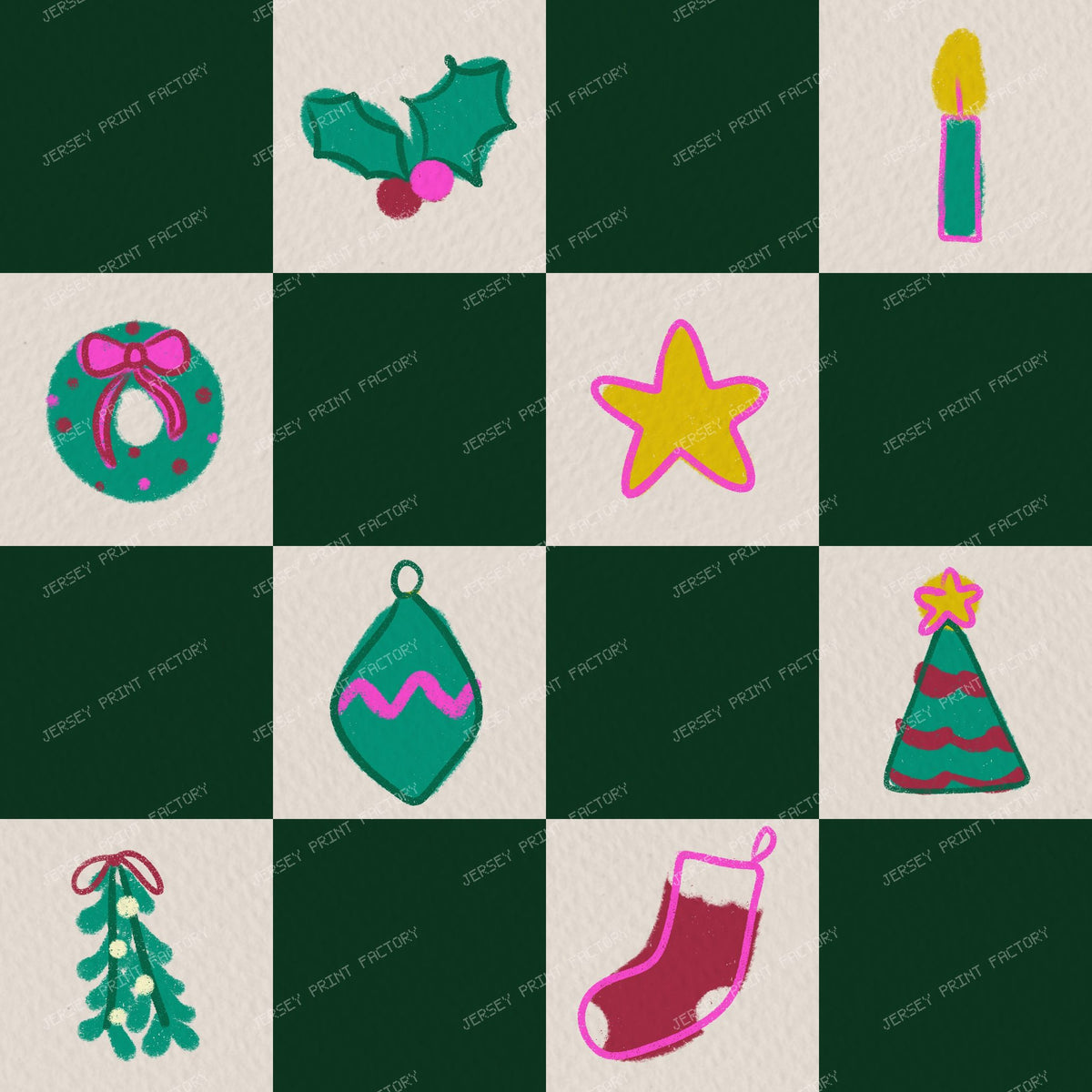 Christmas Checkerboard with Festive Doodles in Purple — Dark Green