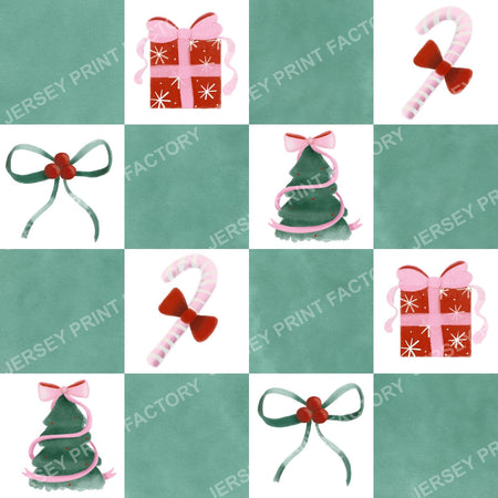 Green Coquette Christmas Checkerboard Ribbons Bows Trees Candy Canes