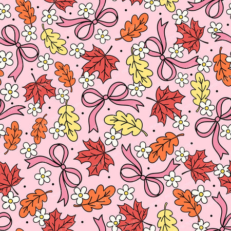Fall Leaves And Daisy Flowers Autumn Coquette Bows On Pink