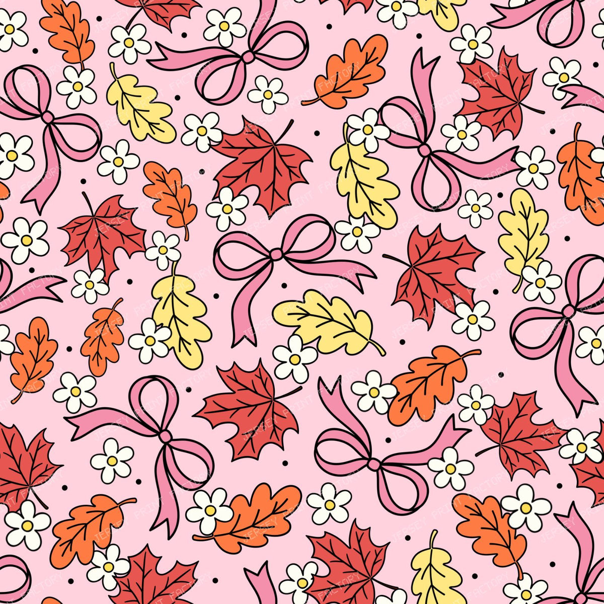 Fall Leaves And Daisy Flowers Autumn Coquette Bows On Pink