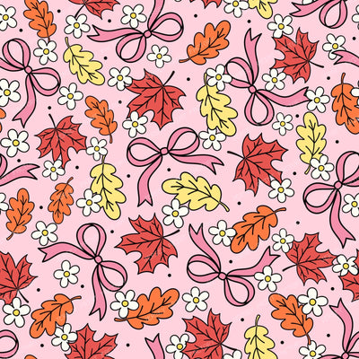 Fall Leaves And Daisy Flowers Autumn Coquette Bows On Pink