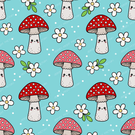 Kawaii Face Pink And Red Mushrooms And Daisy Flowers In Blue