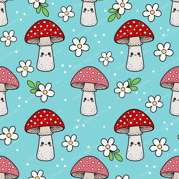 Kawaii Face Pink And Red Mushrooms And Daisy Flowers In Blue