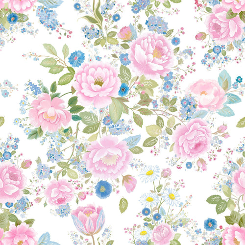 Pink Roses Garland Cottagecore Floral Pattern on White