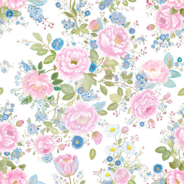 Pink Roses Garland Cottagecore Floral Pattern on White