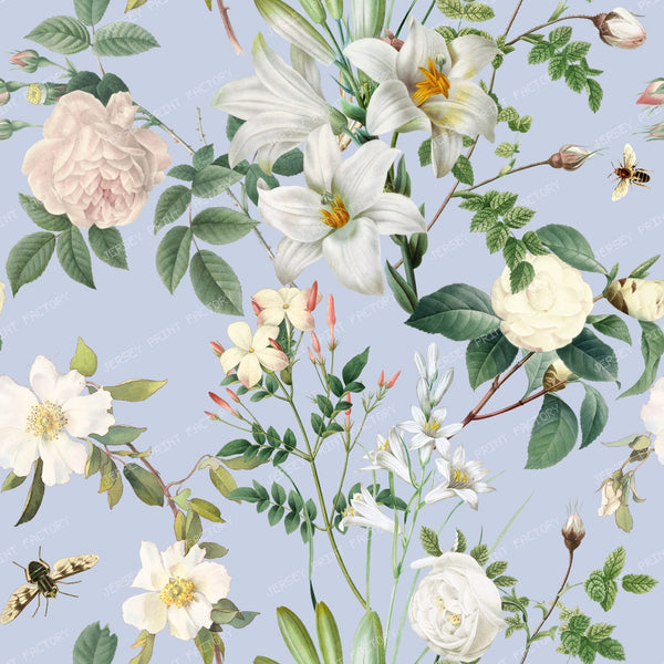 White Flowers Vintage Botanical Pattern on Pastel Blue Background