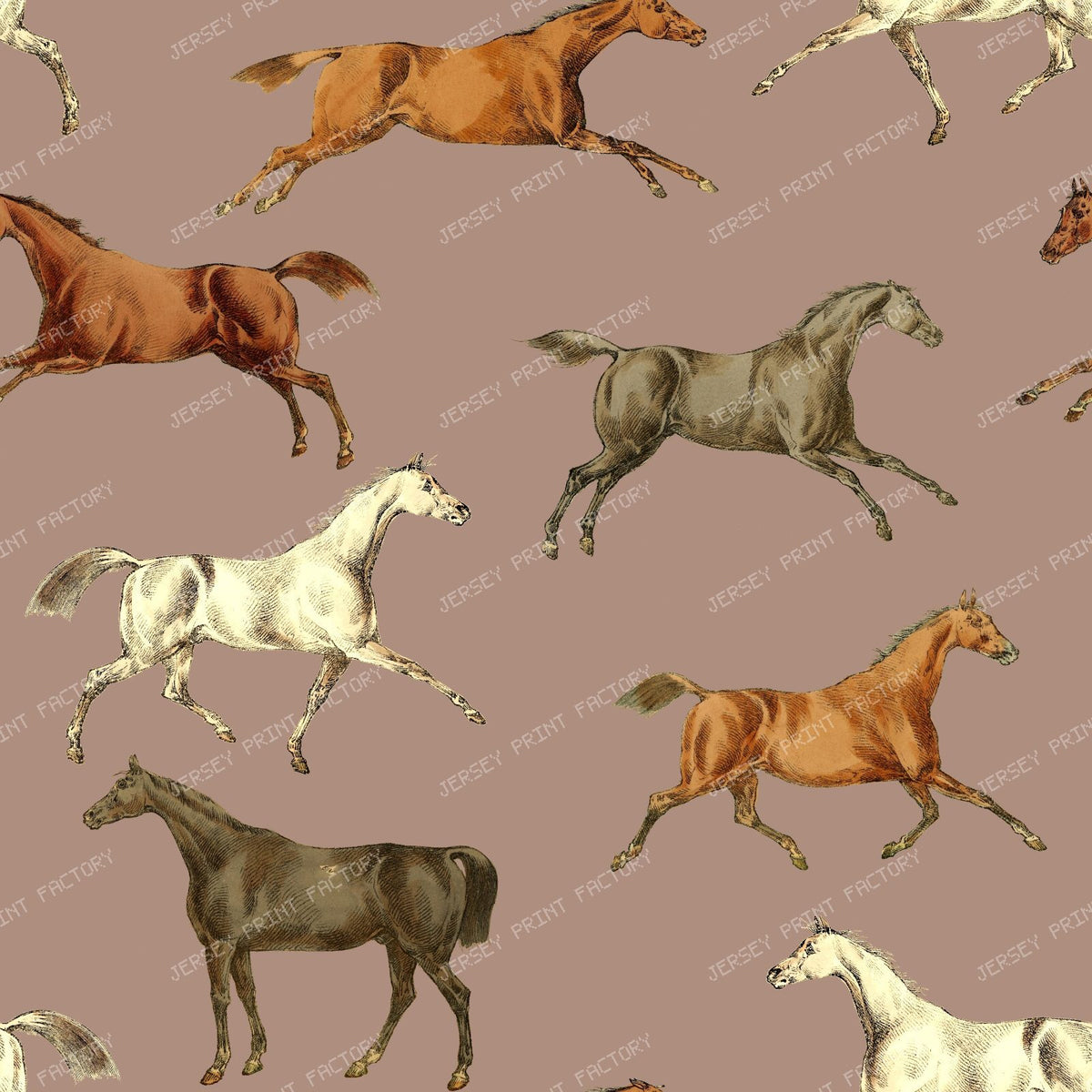 Wild Horses Vintage Chic Cottagecore Toile Pattern on Brown