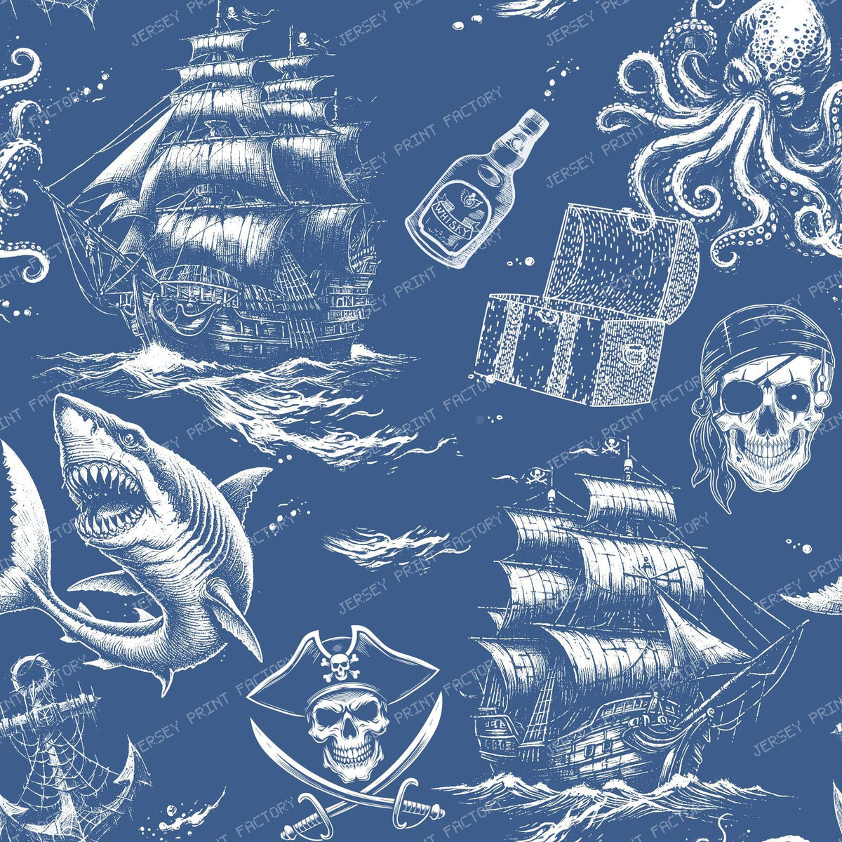 Pirate Legend Dark Coastal Monochromatic Toile Pattern - Blue