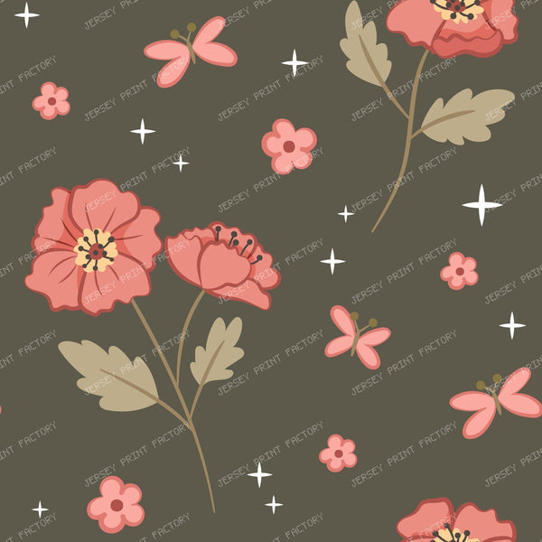 Cute Ducks | Minimal Flowers with Butterflies Pink — Dark Green