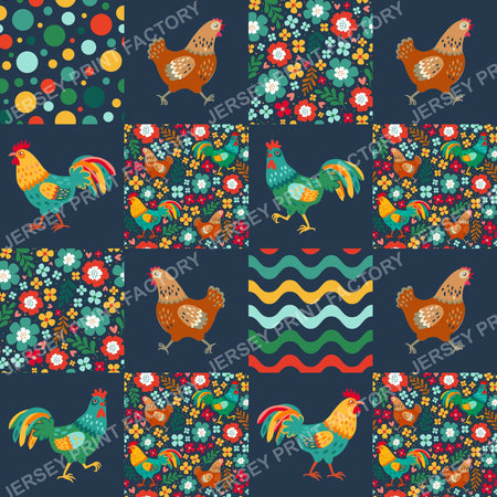Colorful Chicken Patchwork On Navy