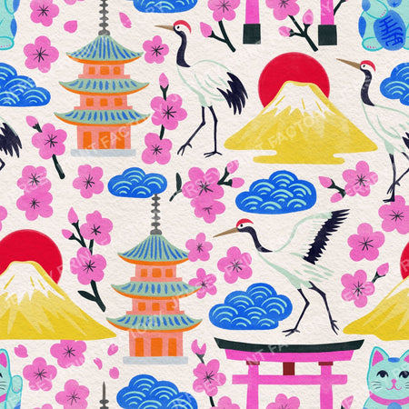 Vibrant Colours Springtime Japan, Maximalist Hand Drawn on Off White