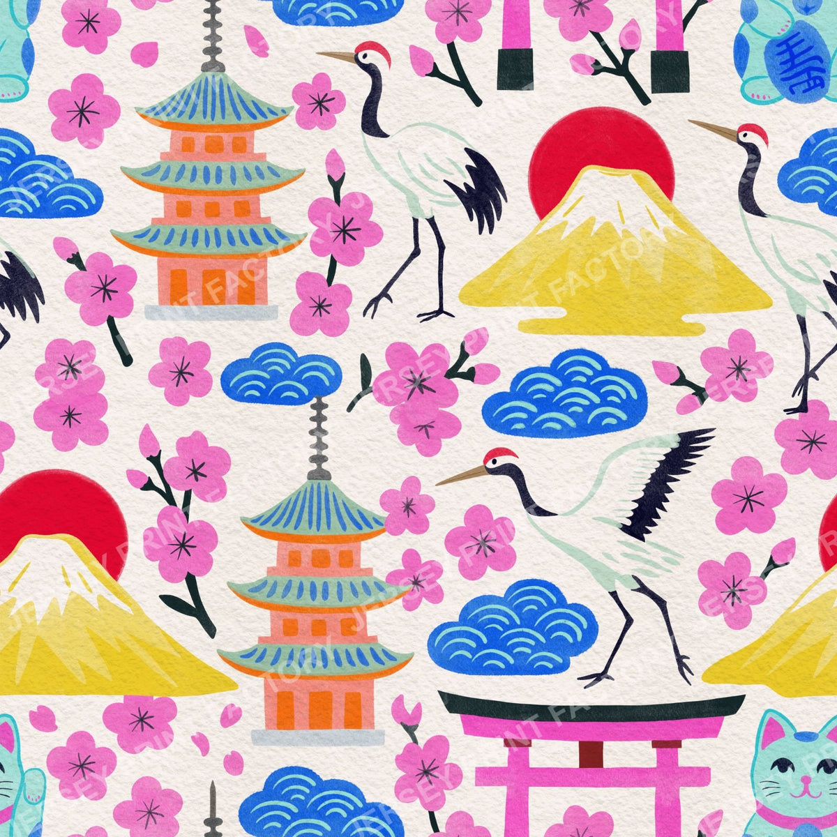 Vibrant Colours Springtime Japan, Maximalist Hand Drawn on Off White