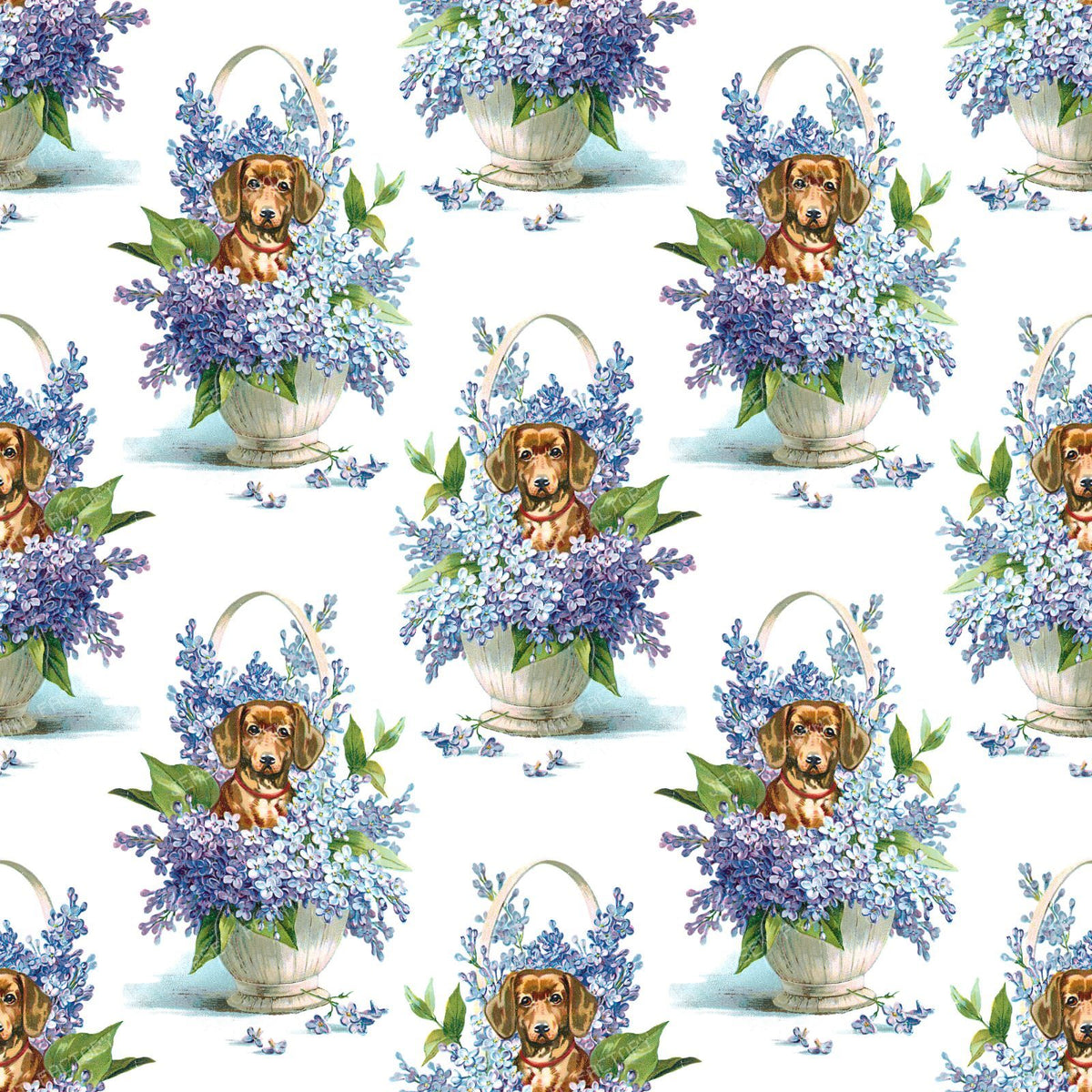 Dachshund Pattern, Brown Dachshund, Wiener Dog, Hydrangea, Puppy
