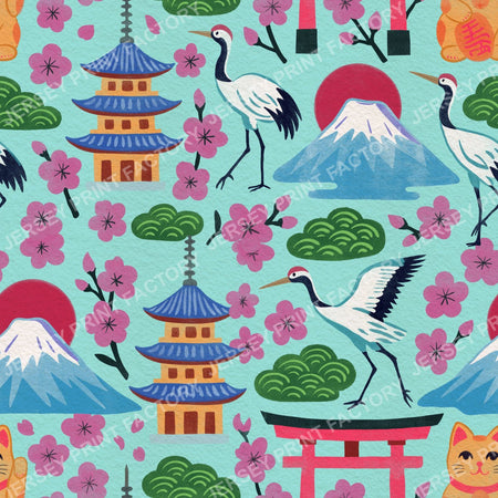 Bright Springtime Japan, Maximalist Hand Drawn on Turquoise