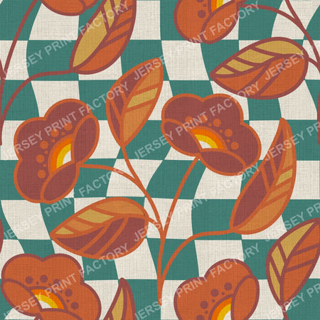 Burnt Orange Retro Flowers On Teal Wavy Checkerboard 70s Vintage Style