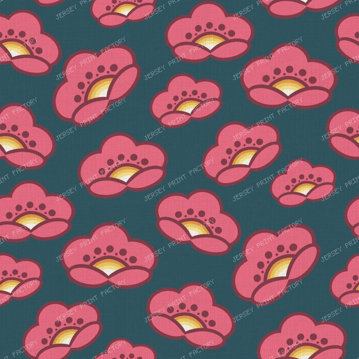 1970s Pink Mod Flowers - Retro Floral on Cool Gray — on Teal