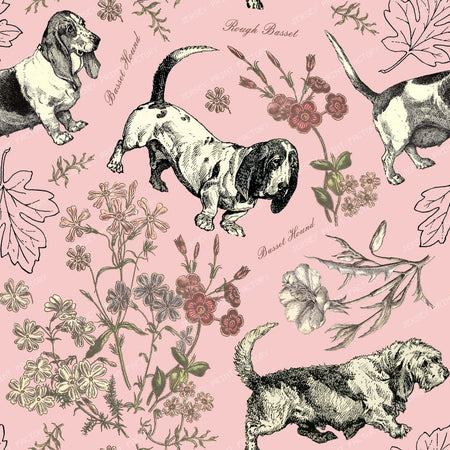 Basset Hound Dogs and Wildflowers Vintage-Chic Cottagecore Pattern on Pink