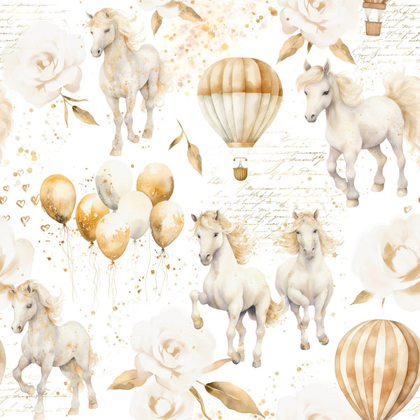 Cute Ponies and Balloons Pastel Colors Toile Pattern for Children on White