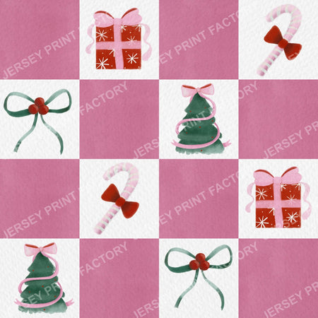 Pink Coquette Christmas Checkerboard Ribbons Bows Trees Candy Canes