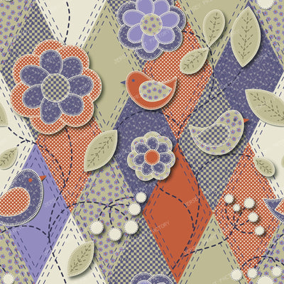 Folk Art Patchwork Floral Applique Pattern multi orange