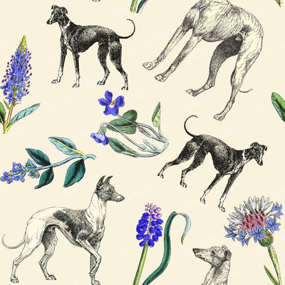 Greyhound Dogs and Spring Flowers Cottagecore Pattern  on Cream