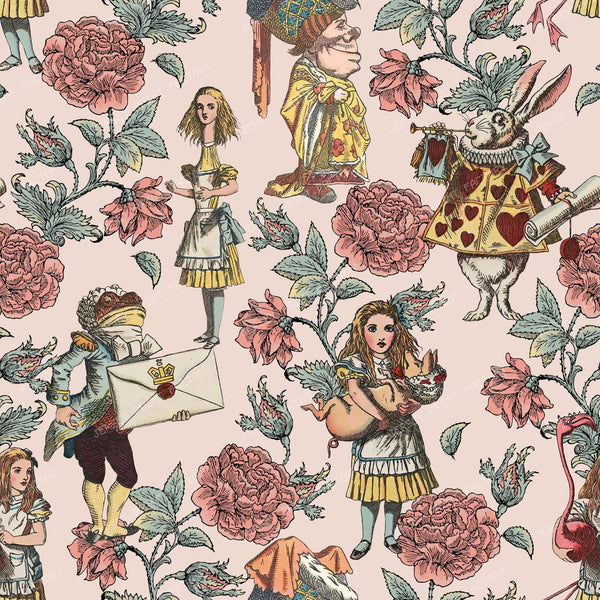 Alice's Wonderland in the Rose Garden Fantasy Fairytale Characters in a Floral Pattern - Pink