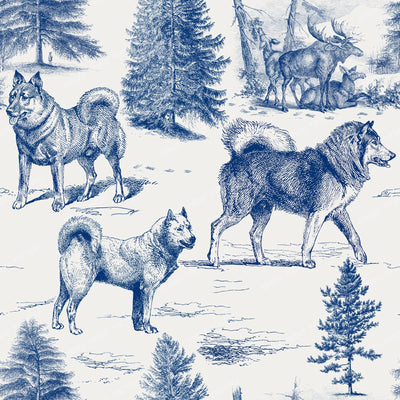 Alaskan Malamute and Northern Dogs in the Winter Landscape Earth Tones Monochromatic Toile Pattern — Blue