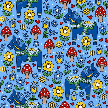 Blue Dala Horse Swedish Scandinavian Floral Blue