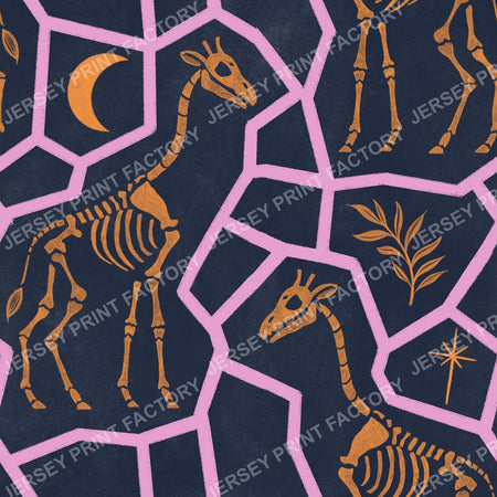 Soft Pink and Orange Halloween Animal Print, Giraffe Skeleton - Gothic Fossils with Moon and Stars