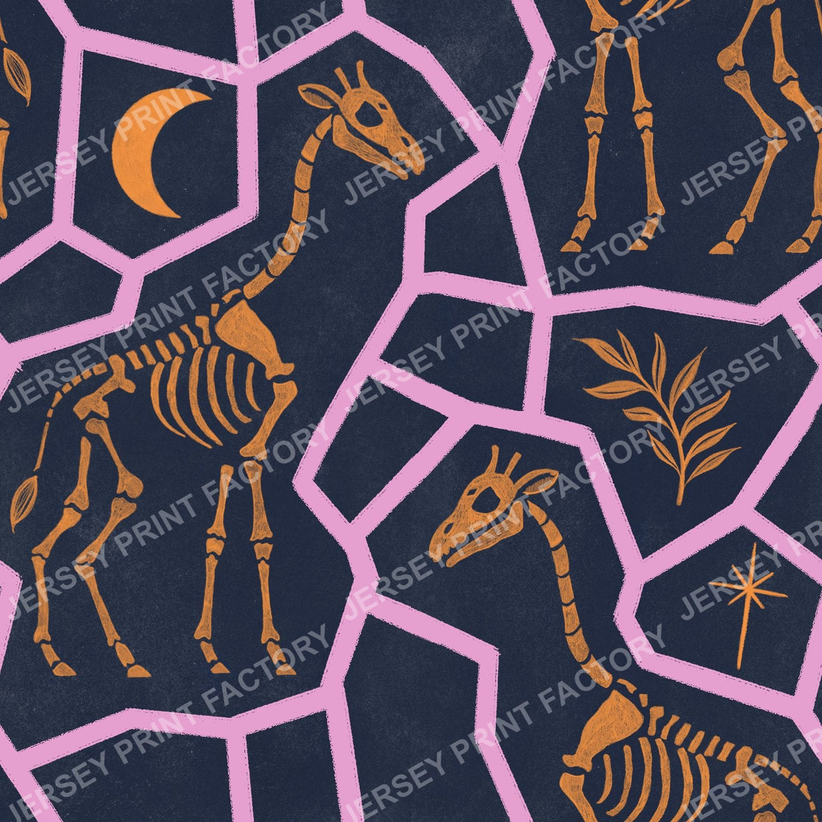 Soft Pink and Orange Halloween Animal Print, Giraffe Skeleton - Gothic Fossils with Moon and Stars