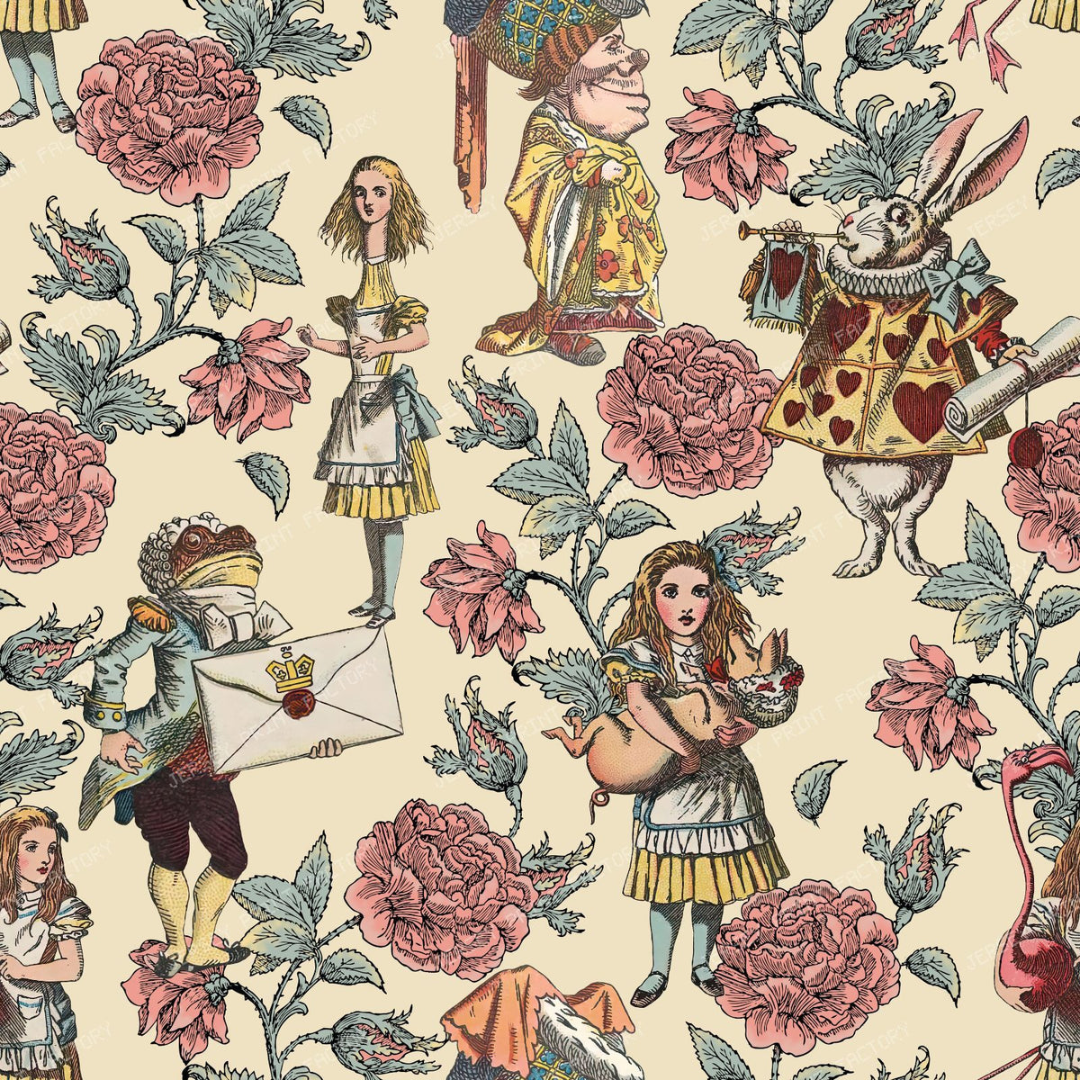 Alice's Wonderland in the Rose Garden Fantasy Fairytale Characters in a Floral Pattern - Buttercream