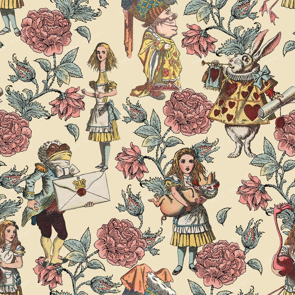 Alice's Wonderland in the Rose Garden Fantasy Fairytale Characters in a Floral Pattern - Buttercream