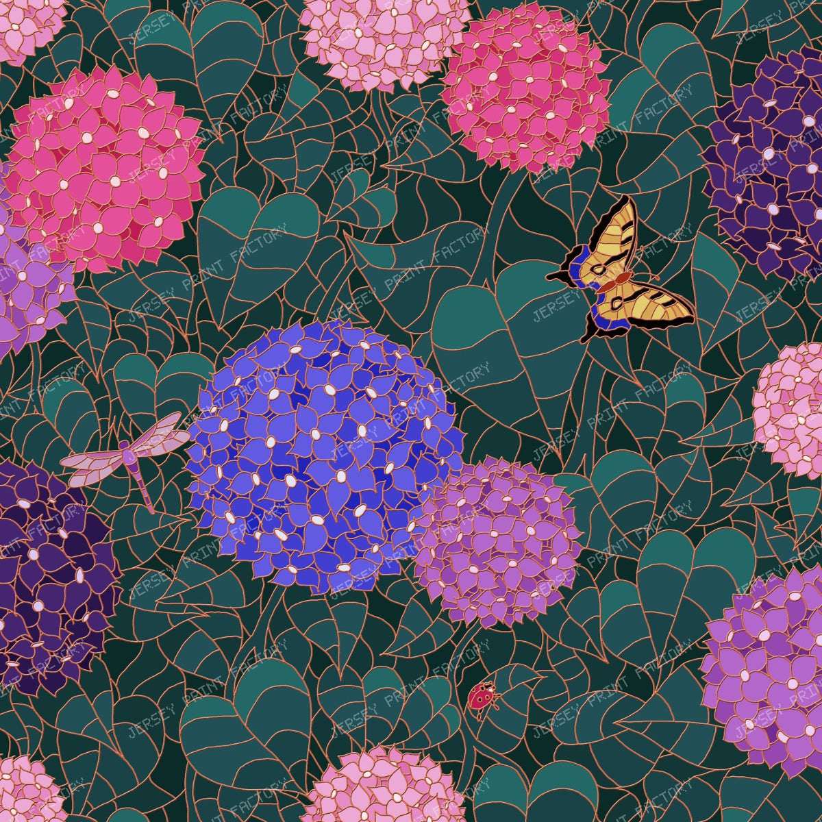 Stained Glass Hydrangea Garden — Moonlit Bronze Swallowtail Butterfly