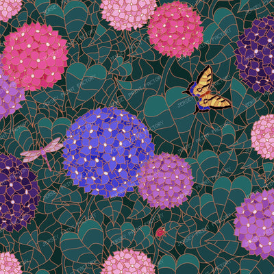 Stained Glass Hydrangea Garden — Moonlit Bronze Swallowtail Butterfly