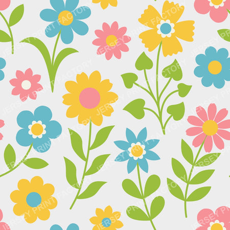 Colorful Naive Flowers on white Fabric