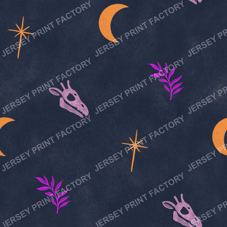 Halloween Animal Print, Pink and Orange Giraffe Skull on Navy Blue - with Moon and Stars