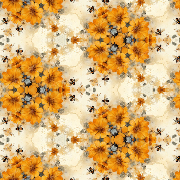 Abstract Rocky Mountain Wildflower and Bee Watercolor Fabric Printing