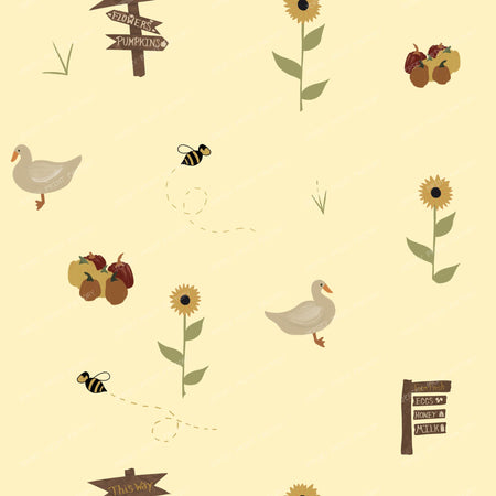 Farm Market Ducks Pumpkins Bees Fall Toss/ Old Harvest Lane Butter Yellow
