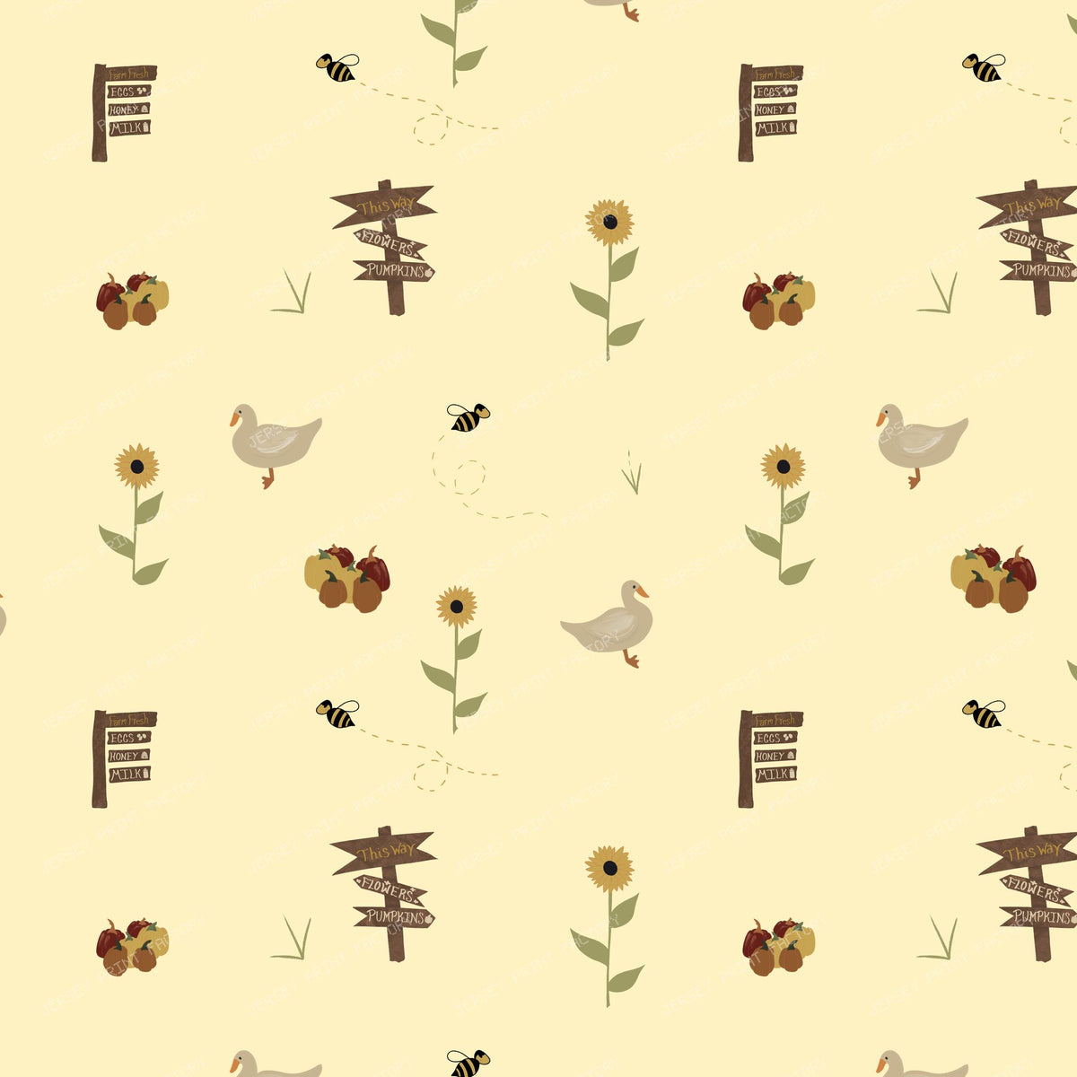 Farm Market Ducks Pumpkins Bees Fall Toss/ Old Harvest Lane Butter Yellow