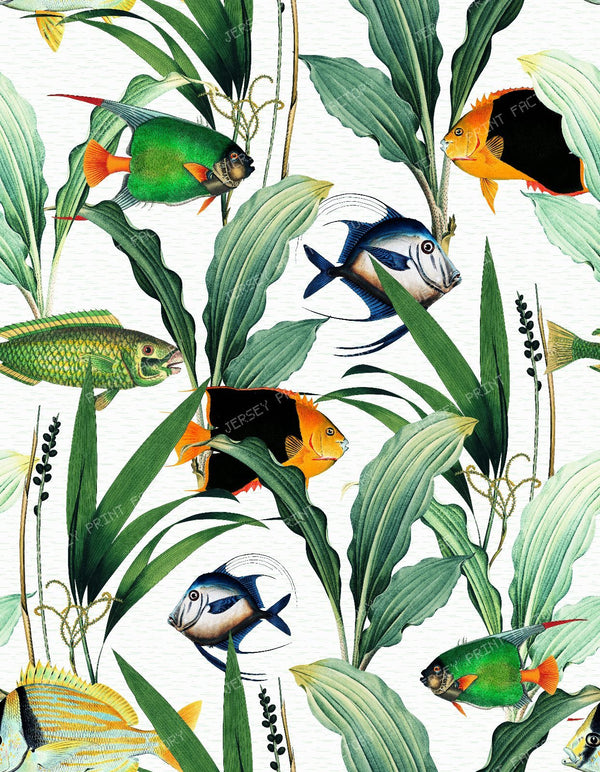 Vintage Tropical Fish Swimming Through Lush Aquatic Plants and Seaweed - Light Turquoise — White