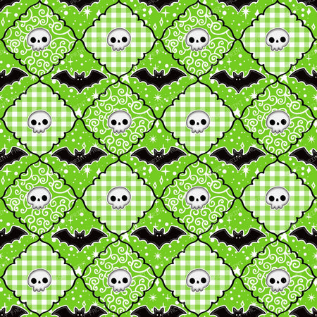 Halloween Patchwork Skulls And Bats In Lime Green