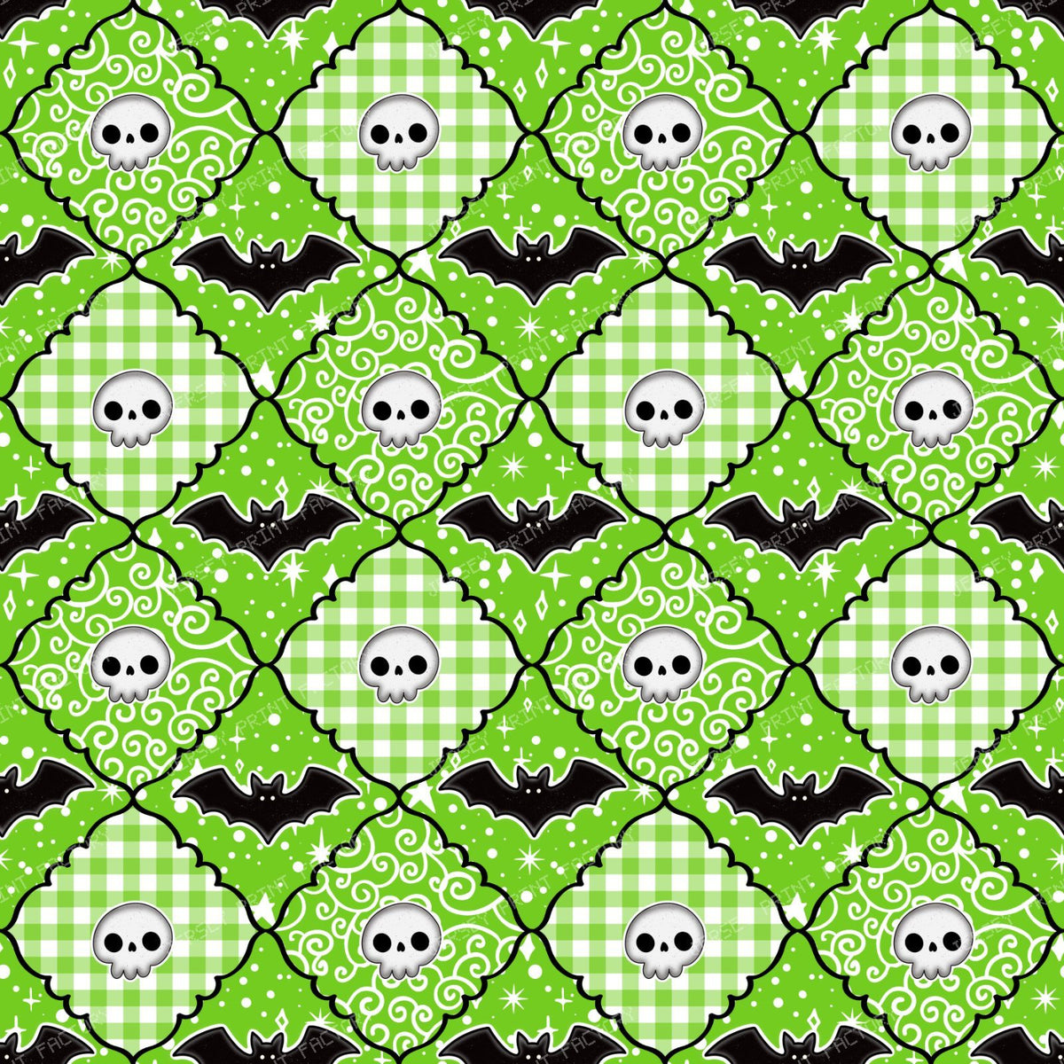 Halloween Patchwork Skulls And Bats In Lime Green