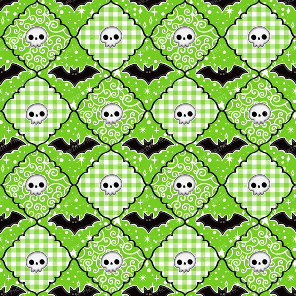 Halloween Patchwork Skulls And Bats In Lime Green
