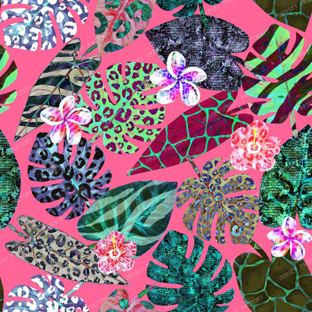 Watercolor surreal abstract seamless pattern with tropical exotic plants