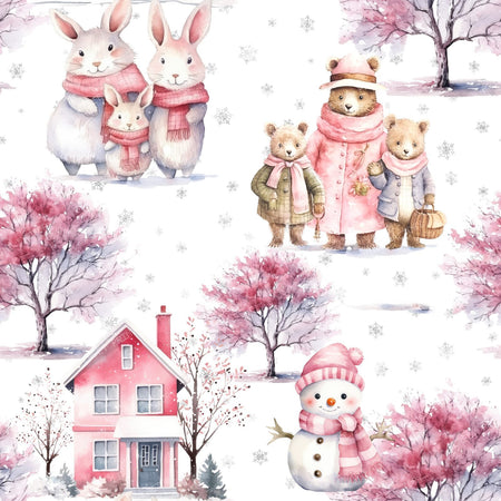 Cute Animals in the Pink Winter Scene Cottagecore Toile Pattern for Children